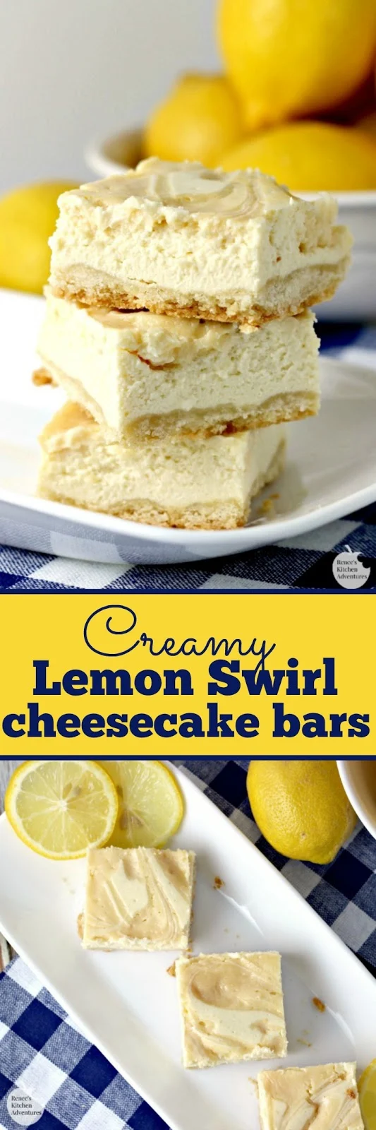 Creamy Lemon Swirl Cheesecake Bars | by Renee's Kitchen Adventures - easy dessert recipe for lemon cheesecake bars #RKArecipes #lemon