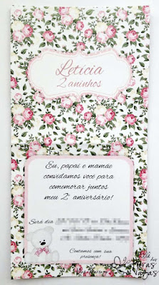 convite artesanal aniversário infantil floral provençal ursinho branco jardim rosa bebê