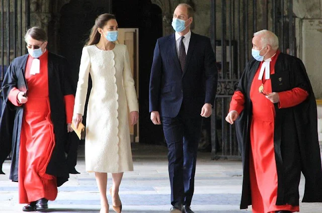 Kate Middleton wore a new lace embellishment wool coat from Catherine Walker. Annoushka pearl and Kiki diamond hoop earrings