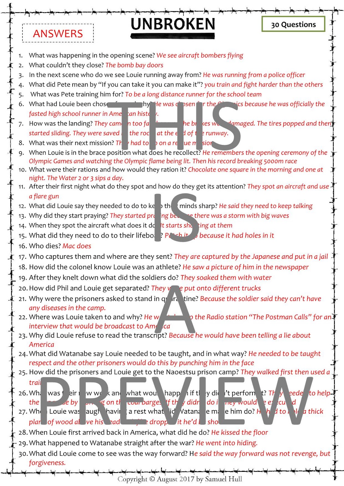 Unbroken (2014) Movie Questions + Activities Answer Keys Included