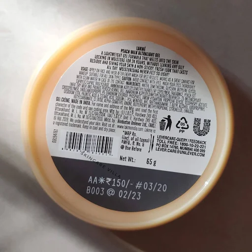 Lakme Peach Milk Ultra Light Gel ingredients