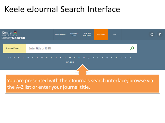 Screen-shot of the Journal search interface, including an alphabetic list
