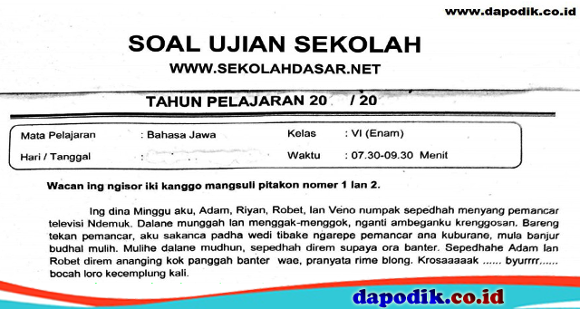 Download Gratis Soal Ujian Sekolah Mata Pelajaran Bahasa Jawa Kelas 6 Dapodik Co Id
