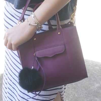 Rebecca Minkoff mini MAB tote in plum with faux fur pom pom charm | AwayFromTheBlue