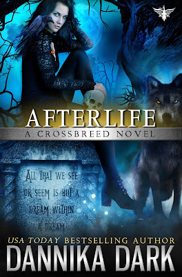 Blackhaired woman sitting on a tombstone, a blue-eyed raven on her shoulder and a large wolf beside her. Blue evening background bordered with a silhouette of dead trees