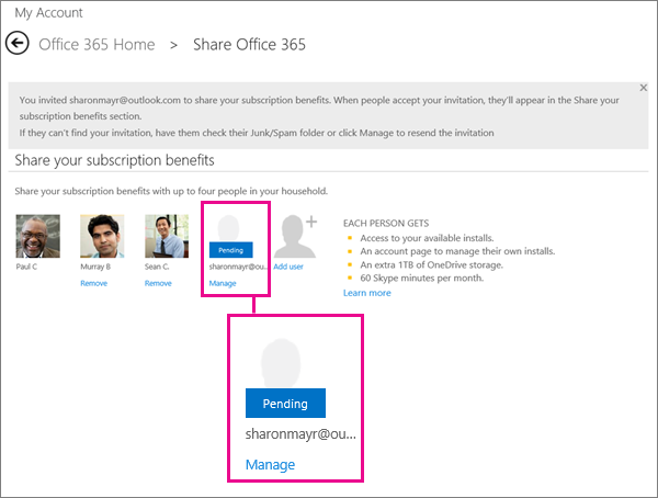 Partager les avantages de l'abonnement Office 365 Famille