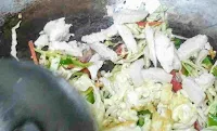 Ading boiled Chicken and scrambled eggs with vegetables for chicken hakka noodles recipe
