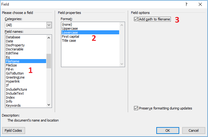 How to add file path in header or footer in ms word