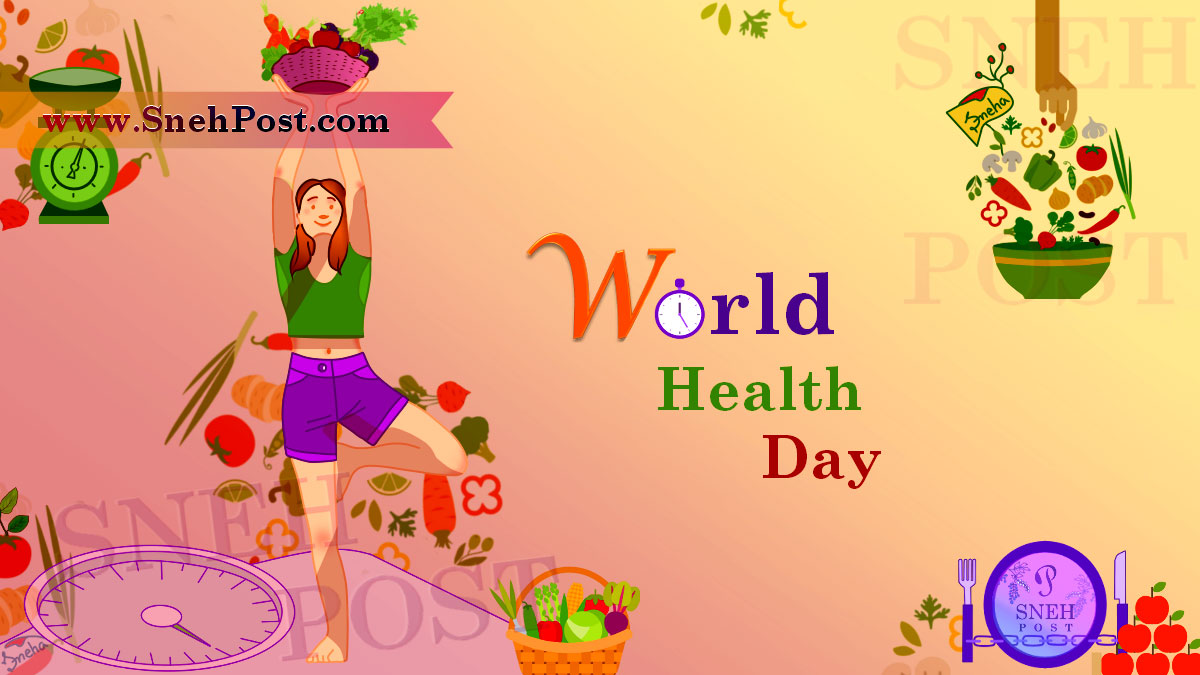 World Health Day illustration of a smiling modern girl doing exersize in half pant and crop top, lifting up a basket filled of fruits and vegetables while standing on one leg at a weight machine! A hand is picking up green food from a bowl and green weigh machine, purple cutlery with plate, and colorful fruit basket enhancing the background behind!