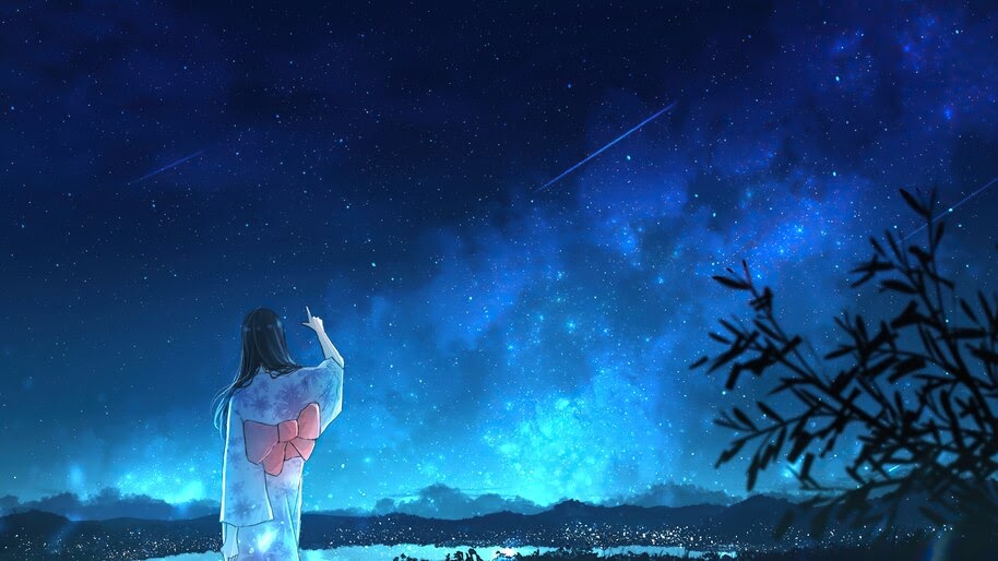 Anime, Girl, Kimono, Night, Sky, Scenery, 4K, #6.2592 ...