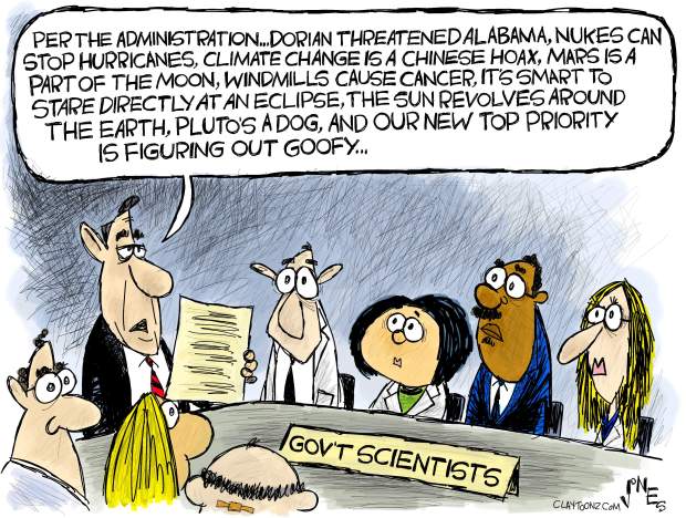 Wilbur Ross instructs government scientists:  Per the administration, Dorian threatened Alabama, nukes can stop hurricanes, climate change is a Chinese hoax, Mars is part of the moon, windmills cause cancer, it's smart to stare directly at an eclipse, the sun revolves around the Earth, Pluto's a dog, and our top priority is figuring out Goofy . . . .