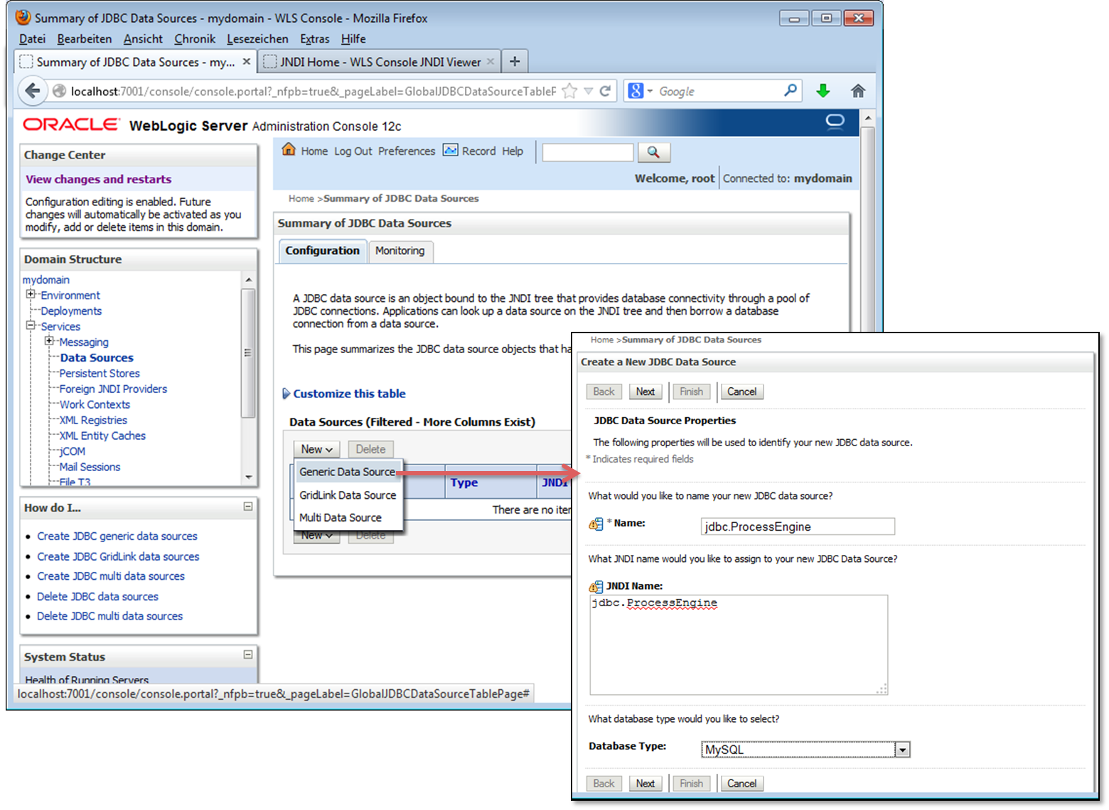 screenshot of data source selection in weblogic service console