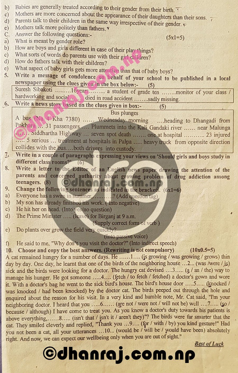 Compulsory English Class 10 (SEE) PreBoard Exam Question Paper 2077 PABSON Dhan Raj's