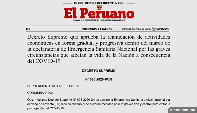 Decreto Supremo N° 080-2020-PCM, para reanudar actividades económicas en Perú fue publicado en el Diario Oficial El Peruano