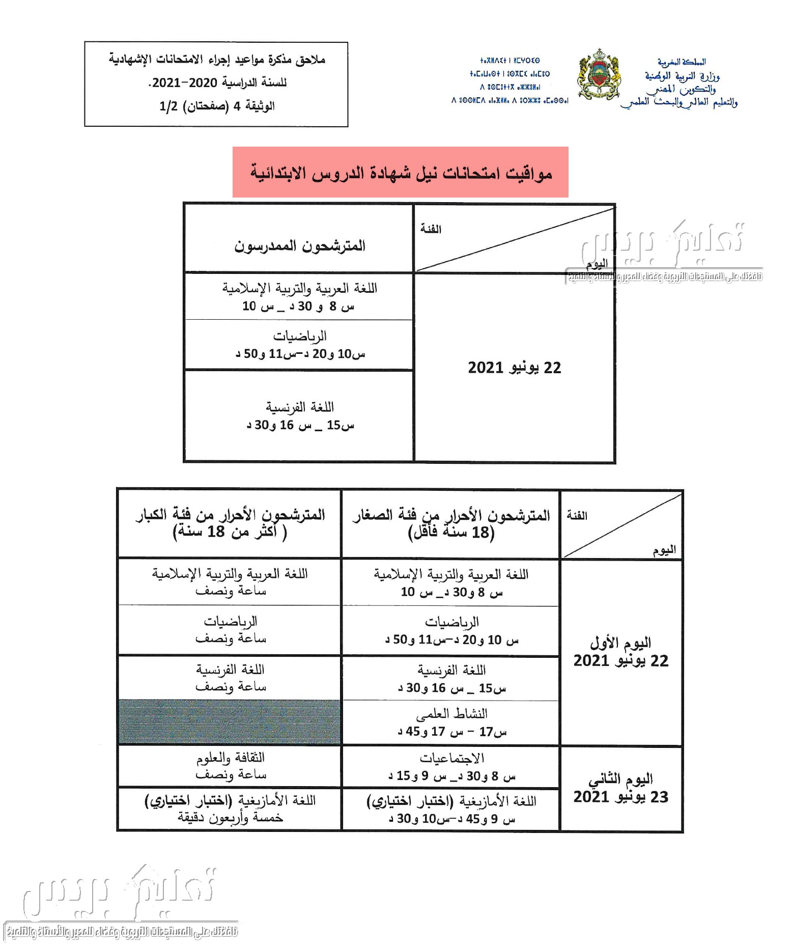 تواريخ ومواقيت الامتحان الاقليمي الموحد السادس ابتدائي 2021