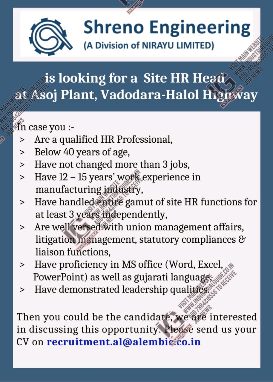 Shreno Engineering Vadodara jobs for HR Department apply now