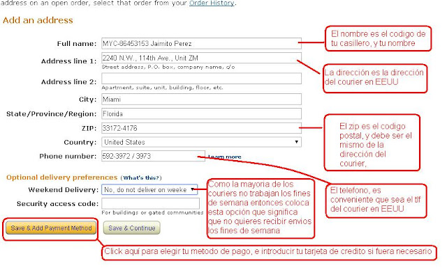 así debe verse la dirección de envios de tu courier en amazon