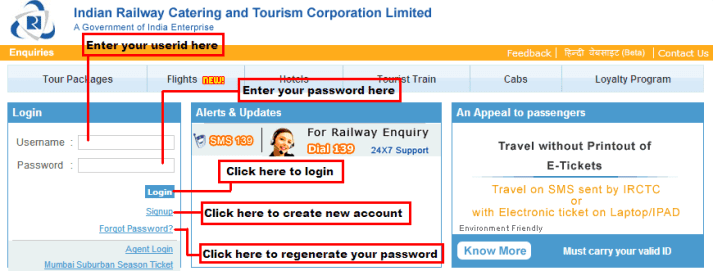 Explaination of important options on IRCTC Login Page Important options on IRCTC Login Page