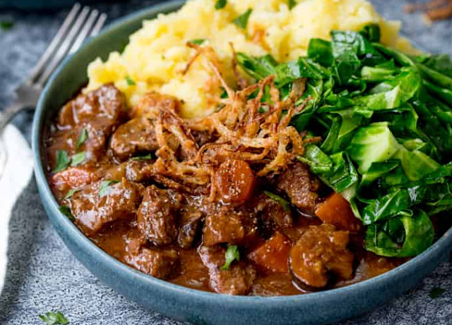 Beef and Guinness Stew with Crispy Onions