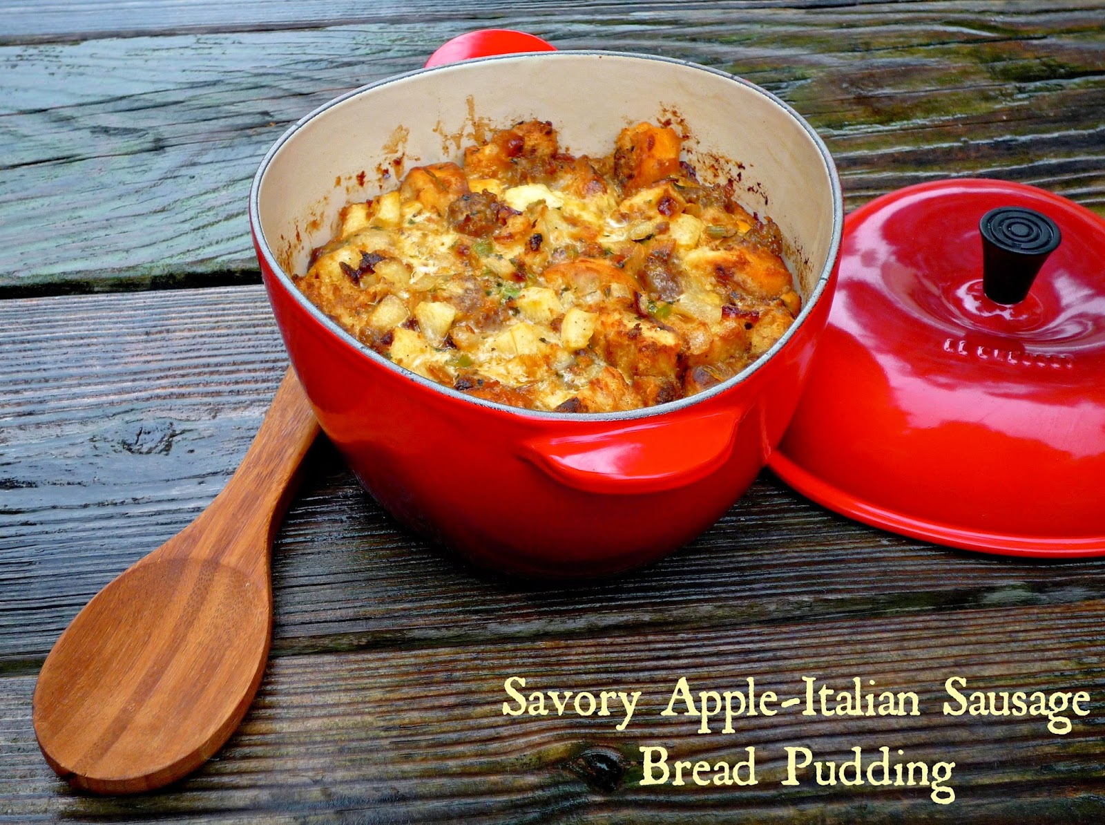 Udsigt par praktiserende læge The Weekend Gourmet: Le Creuset Apple Cocotte Baker...Featuring Savory Apple-Italian  Sausage Bread Pudding + a Le Creuset Stoneware Bowl Set Giveaway!!