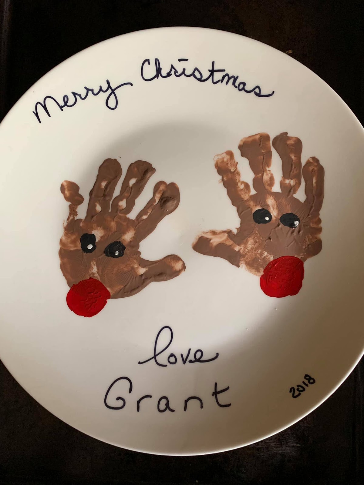 Aunt Tami's House Snowman & Rudolph Handprint Ceramic Christmas Plate