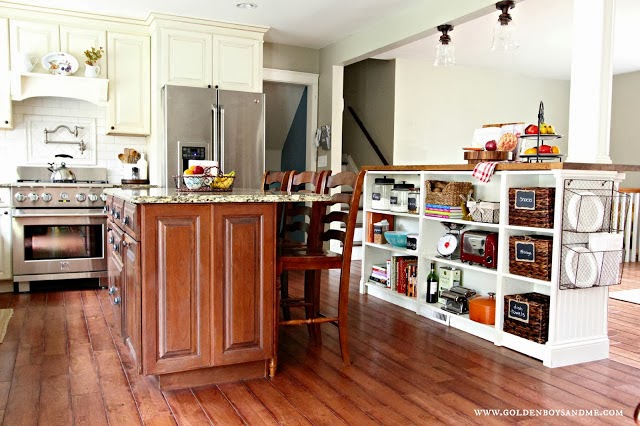 Ikea hack kitchen island Billy bookshelves in diy kitchen-www.goldenboysandme.com