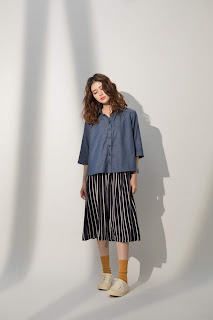 小領微甜七分袖單寧藍襯衫