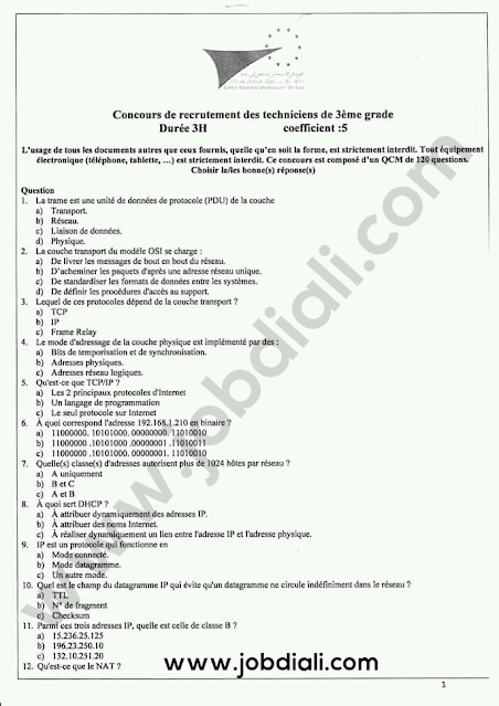 Exemple Concours technicien 3ème grade Réseaux Informatique - Centre Hospitalier Ibn Sina