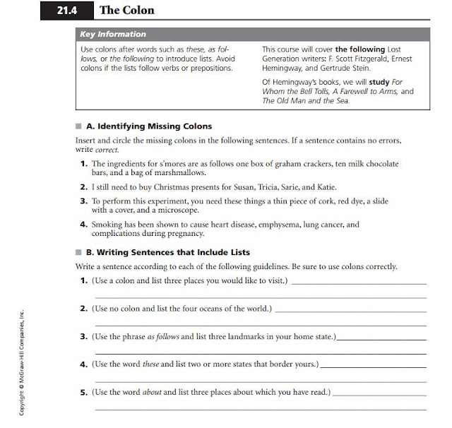 English 12 McKinley HS: The colon (:) worksheet: Complete and place in