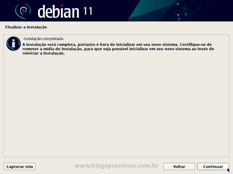 Debian 11 'Bullseye' instalado com sucesso! Reinicie o seu computador!