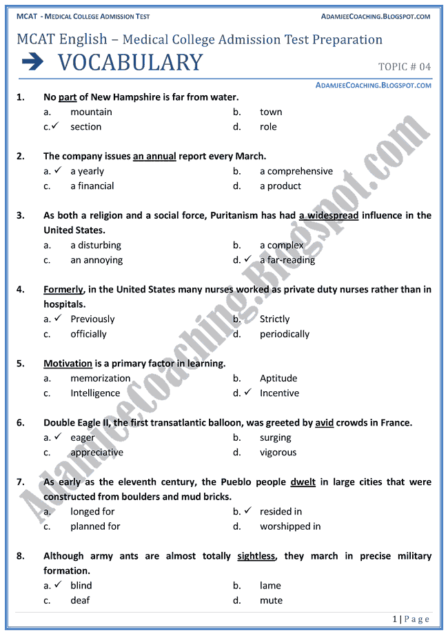 Adamjee Coaching MCAT English Vocabulary Mcqs For Medical Entry Test