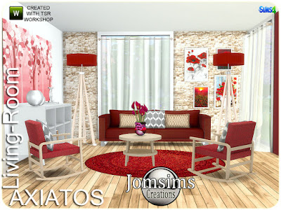 axiatos living room Axiatos гостиная для The Sims 4 современность Комфорт. В соответствии с цветом, чтобы придать этой современной гостиной очень современный или более простой вид в различных цветах. 2 дивана. 2 живых кресла. ковер. настенные росписи большие. настенные росписи х4. подушка квадратная для дивана. подушка деко для дивана. подушка деко для живого стула. консоль с deco.flowers. Прозрачные шторы. журнальный столик, торшер. для штор. Сим проходит, но для окон Автор: jomsims