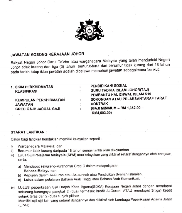 Iklan Jawatan Kosong Guru Tadika Agama Johor