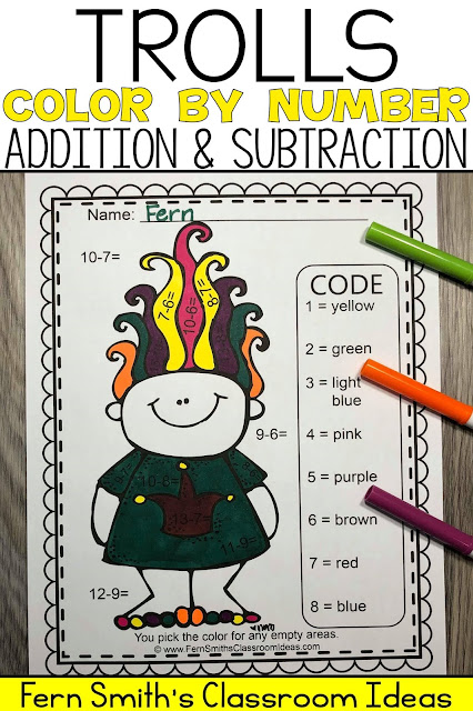 Trolls Color By Number Addition and Subtraction Resource comes with 4 student PDF worksheets and 4 PDF answer keys. You have my full permission to share this resource with your students electronically during this time of distance learning. You may also copy them and use them in a take-home worksheet packet if your school does that for students with slow to no Internet. One other option is to send it to the parents attached to an email. This way you are sending something home at the beginning of the year that is fun and high interest for your new students. #FernSmithsClassroomIdeas