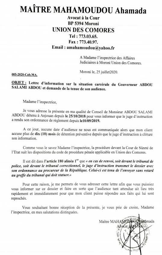 Lettre d'information sur la situation carcérale du Gouverneur Salami et