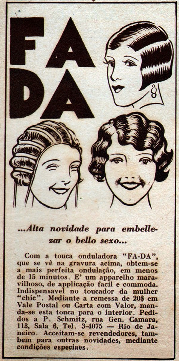 Propaganda da touca onduladora Fada, nos anos 30: vaidade feminina para cabelos ondulados.