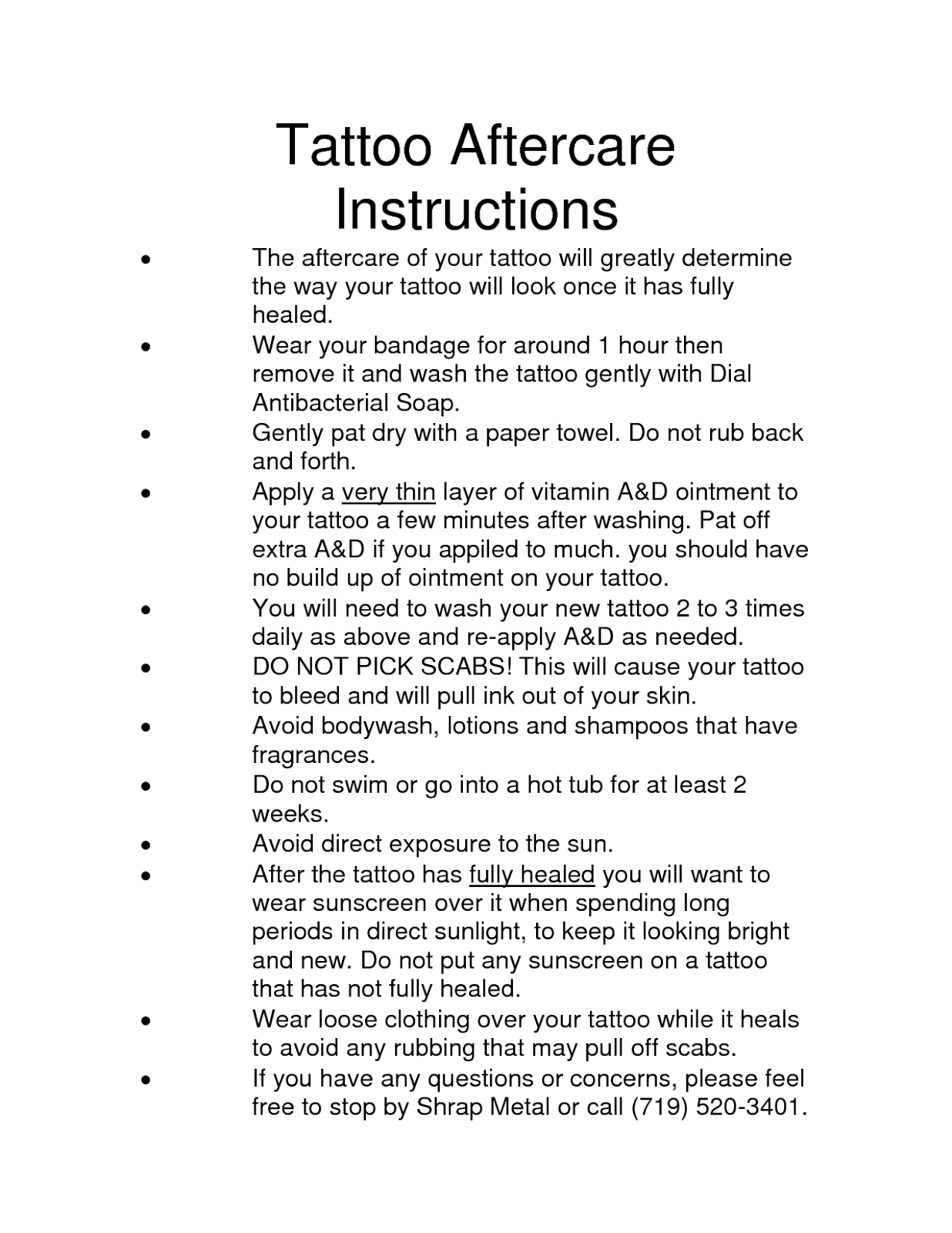 Printable Tattoo Aftercare Instructions