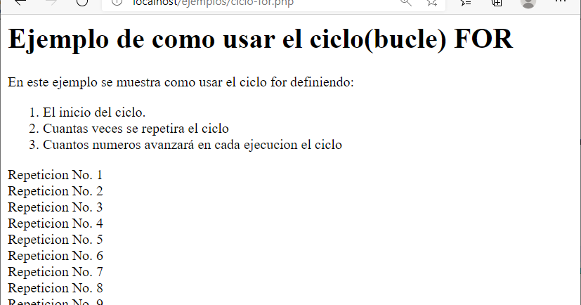 Ejemplo de ciclo FOR en PHP