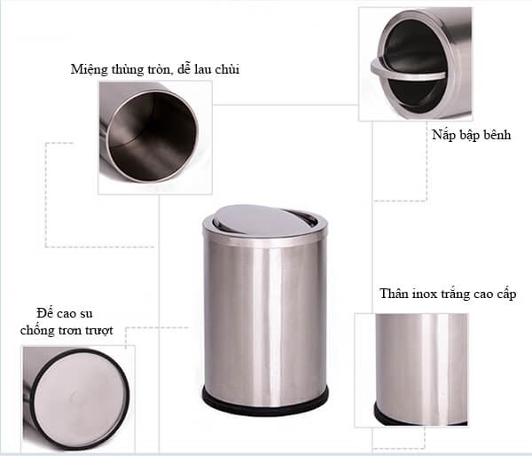 cấu tạo thùng đựng rác inox hình tròn nắp bập bênh