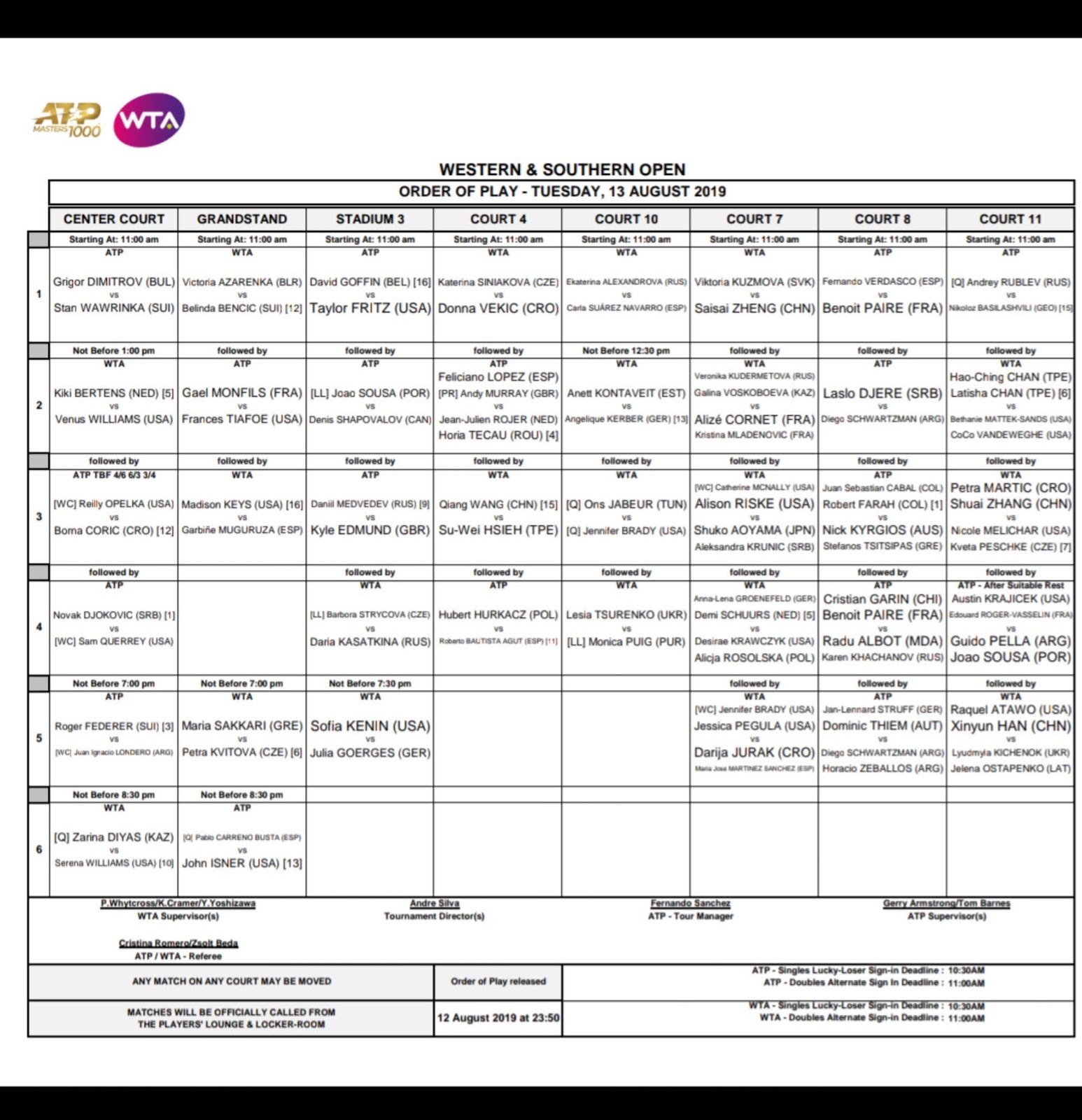 WTA TENNIS COMENTADA POR JAVIER Order of play, 13 Aug 2019. Western