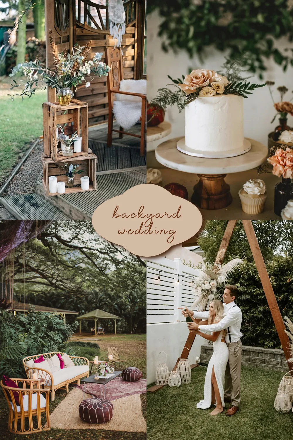 an aesthetic, inspirational collage with a simple and perfect backyard wedding theme for spring