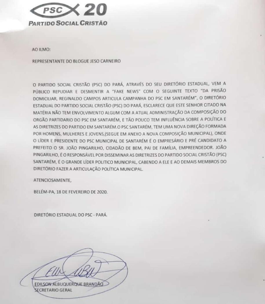 PSC nega envolvimento de Reginaldo na campanha de 2020 do partido