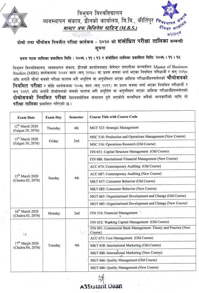 MBS 2nd and 4th semester exam schedule