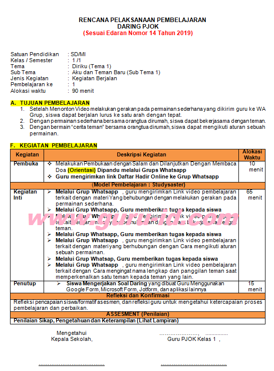 RPP daring PJOK kelas 1 SD Semester Ganjil Revisi Terbaru 2021 Modul