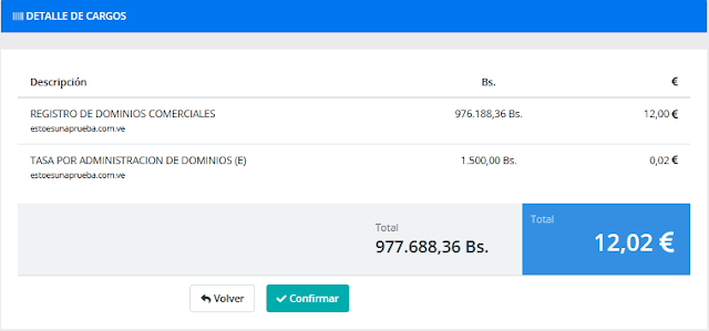 confirmación de compra Resumen de compra de dominio .com.ve