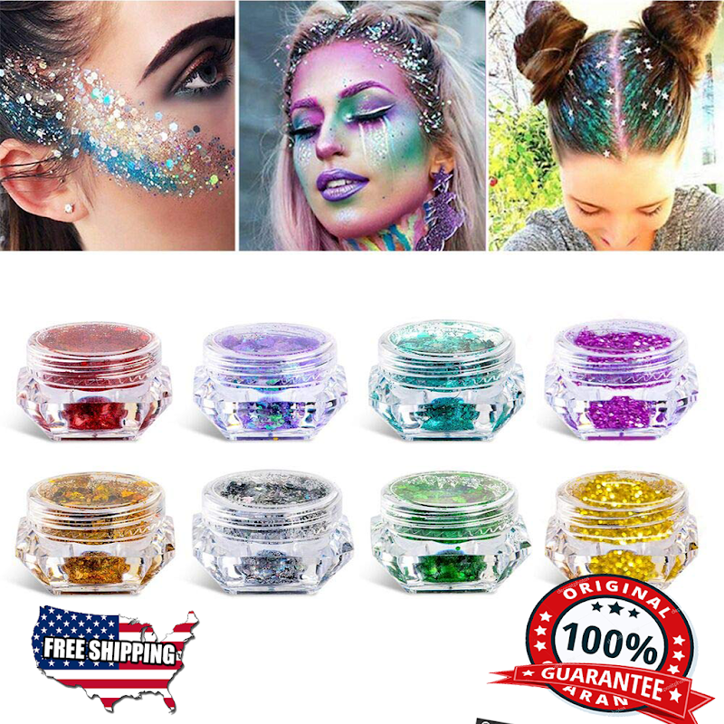 8 Boxes Makeup Face Body Glitter Set, 6 Colors Holographic Cosmetic Festival Chunky Glitter, Mixed Shape Flakes Pigments for Halloween, Face, Eye, Body