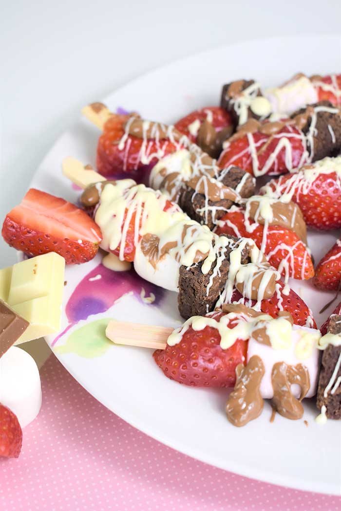 Fruit Marshmallow Kabobs With Chocolate Drizzle, Brownie, Marshmallows