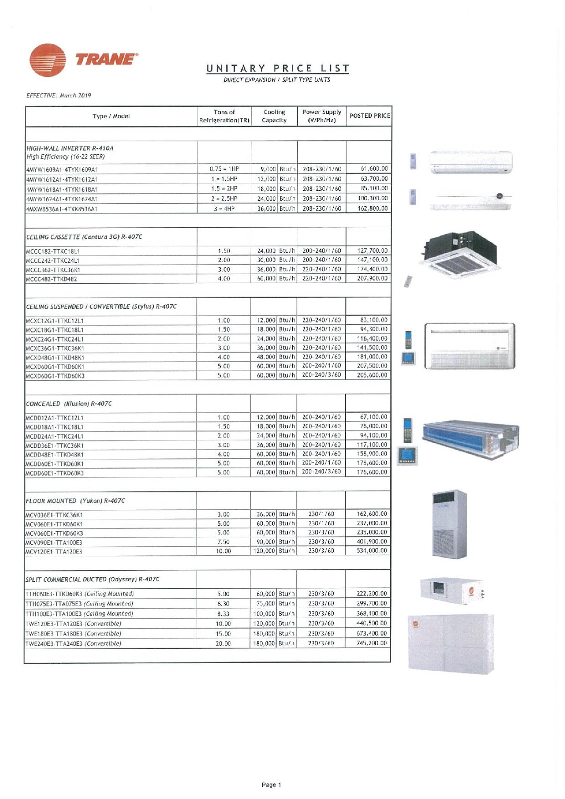 TRANE AIR CONDITIONERS DX PRICE LIST