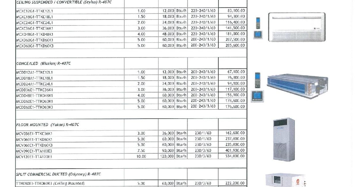 TRANE AIR CONDITIONERS DX PRICE LIST