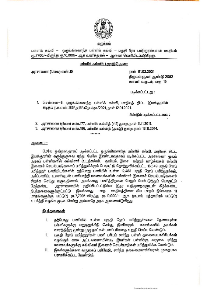 Part Time Teacher Salary Increased GO NO 15 Date 1.02.2021